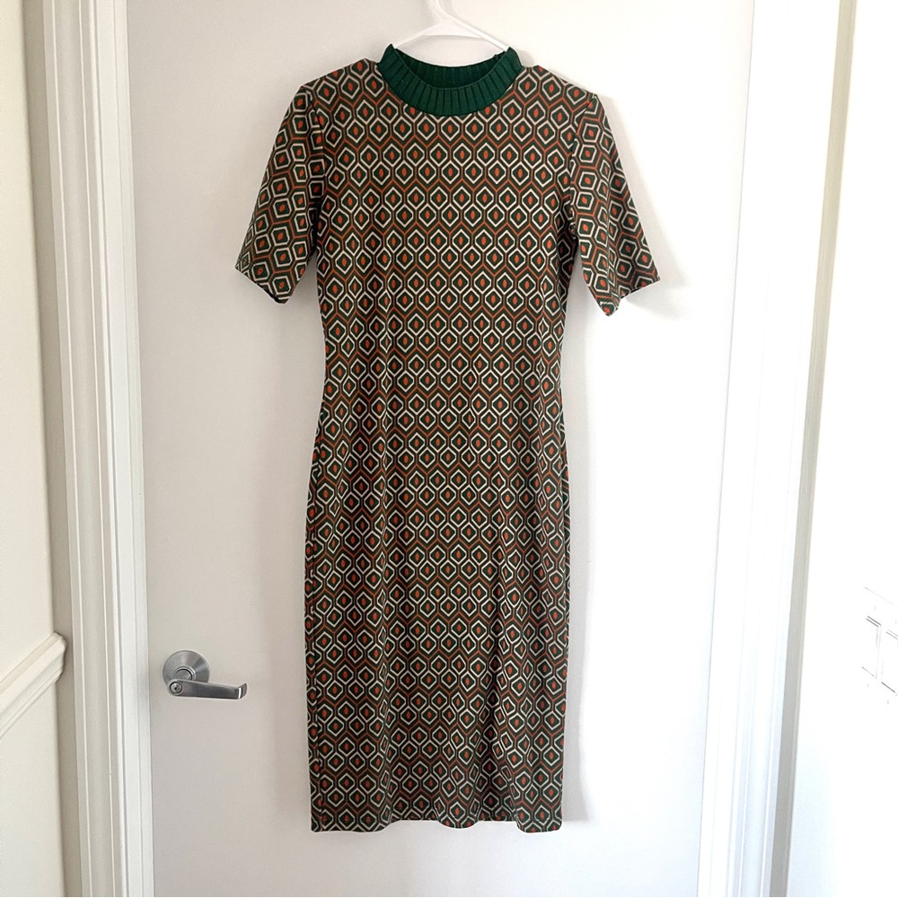 Zara Jacquard Knit Midi Dress Geometrical Green Orange Bodycon Retro